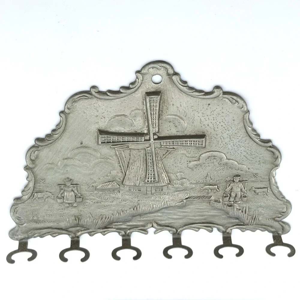 Vintage Dutch Windmill Metal Wall Key Rack 6 Hook Repousse Pewter Tone Folk Art
